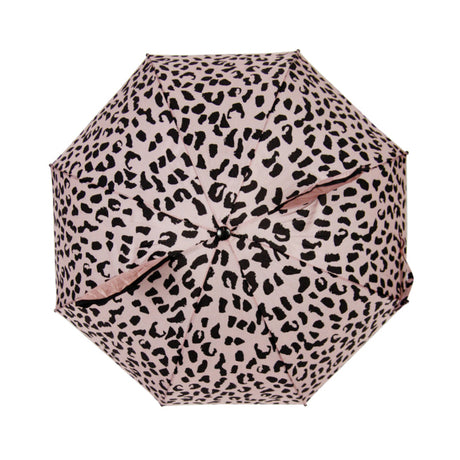 Geopende roze kinderparaplu Pink Leopard met zwarte luipaardprint en konijnenoren, van bovenaf gezien