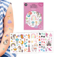 Kindertattoos Fantasie op een kinderarm, met roze verpakking en vijf vellen vol kleurrijke figuren.