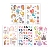 Vijf vellen kindertattoos Fantasie met eenhoorns, zeefiguren, lama's, regenbogen, hartjes en prinsessen.