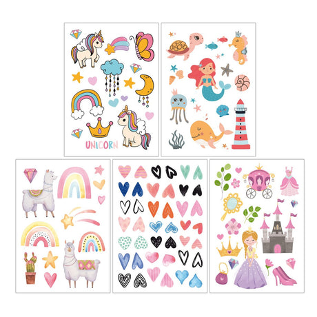 Vijf vellen kindertattoos Fantasie met eenhoorns, zeefiguren, lama's, regenbogen, hartjes en prinsessen.