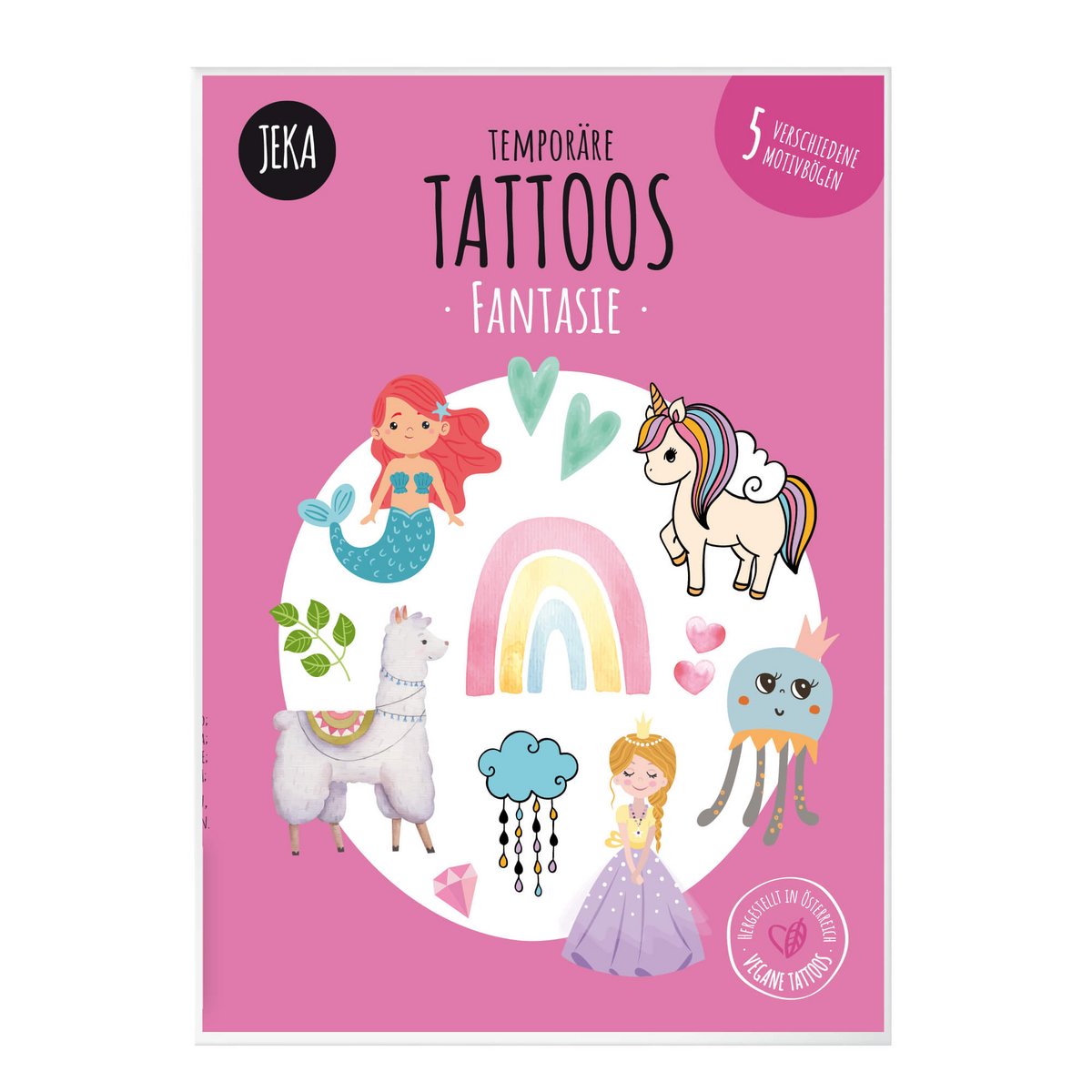Roze verpakking van kindertattoos Fantasie met een zeemeermin, eenhoorn, lama, regenboog, kwal en prinses.