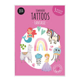 Roze verpakking van kindertattoos Fantasie met een zeemeermin, eenhoorn, lama, regenboog, kwal en prinses.