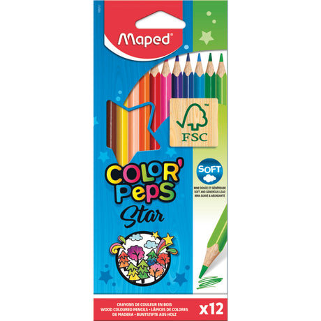 Verpakking Maped Color'Peps Star met 12 kleurpotloden in verschillende kleuren.