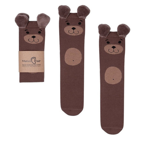 Bruine Bear kniekousen van Mama's Feet met berengezicht, uitstekende oortjes en een beige buikje.