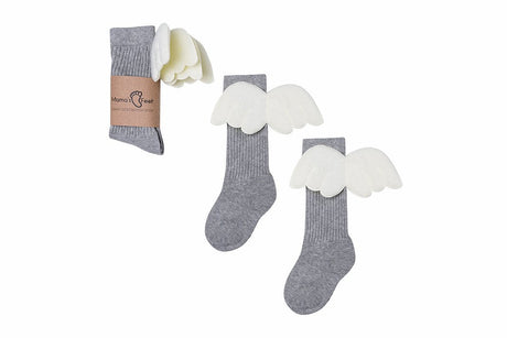 Grijze kniekousen van Mama's Feet met witte vleugeltjes, los en met papieren wikkel.