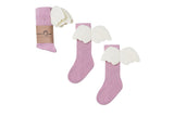 Roze kniekousen Pink Angles voor mama met witte vleugeltjes, los en opgerold met een wikkel.