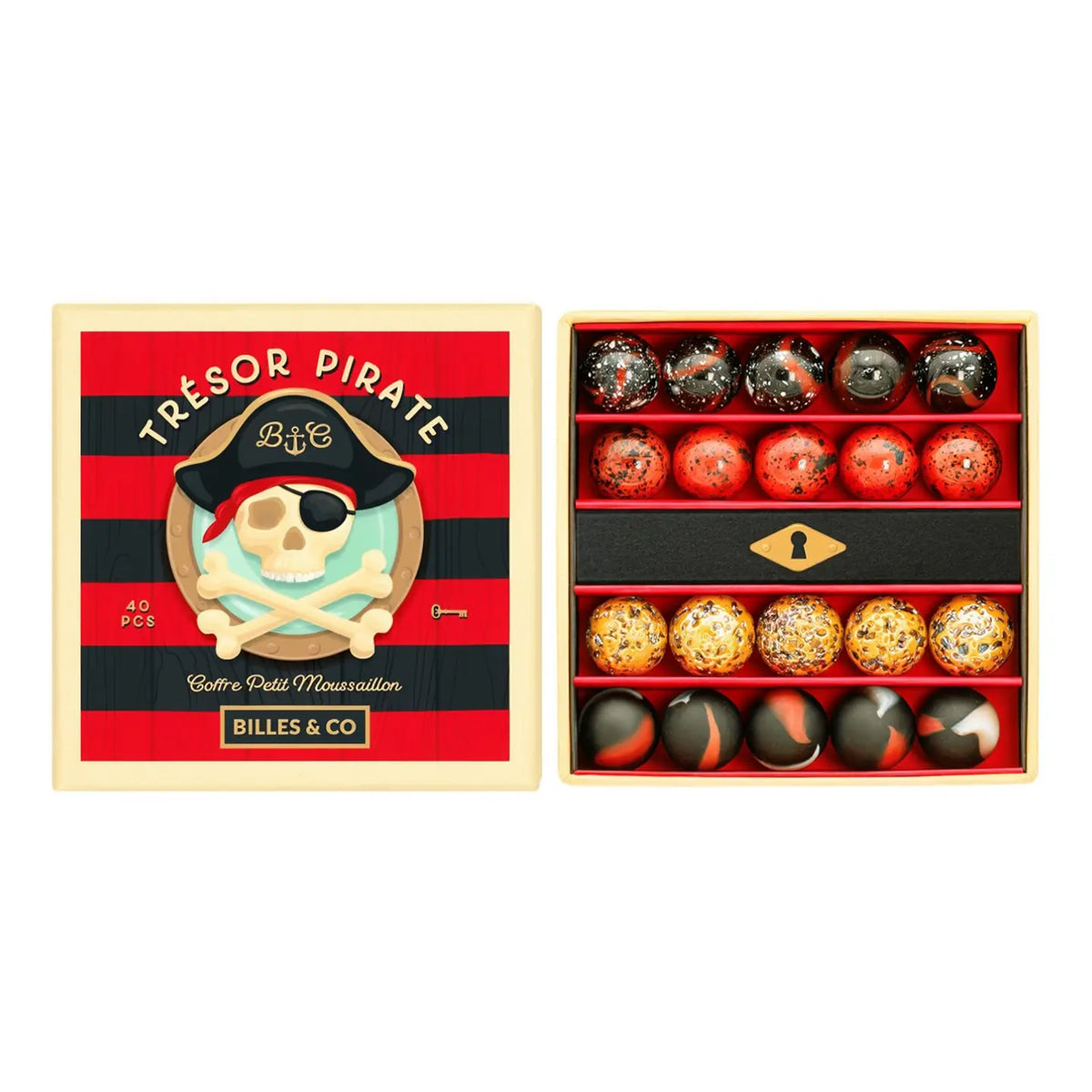 Open doos Pirate Treasure-knikkers met een zwart vak met sleutelgat, naast het rood-zwarte deksel met piratenschedel.