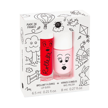 Cottage cadeauset met rode rollerball lipgloss en roze nagellak in een witte verpakking met speelse tekeningen.