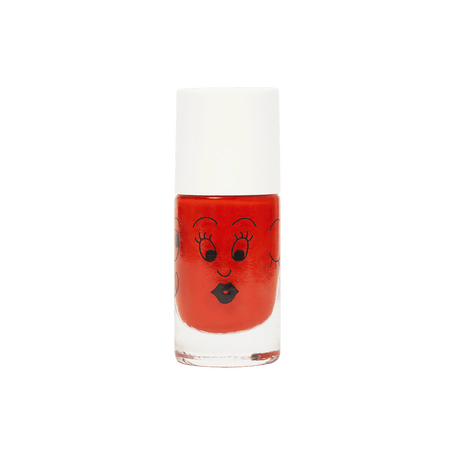 Oranje Tropical nagellak in een flesje met witte dop en een getekend gezichtje met wimpers en zwarte lippen.