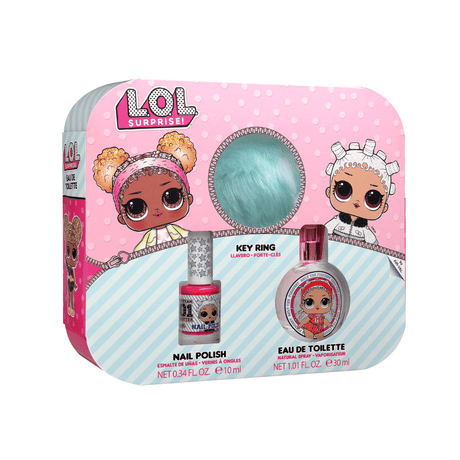 LOL geschenkset in roze verpakking met eau de toilette, nagellak en lichtblauwe pomponsleutelhanger.