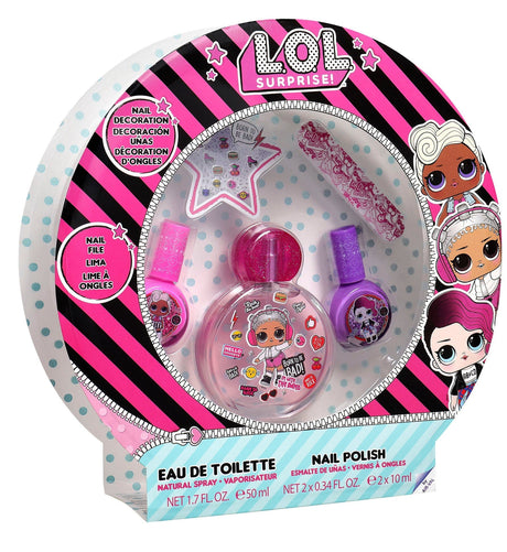 Lol-cadeauset in roze-zwarte verpakking met eau de toilette, roze en paarse nagellak, nagelvijl en nageldecoratie