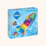 Blauwe Coblo-verpakking met 35 magnetische bouwblokken en een kleurrijke raket op de voorkant
