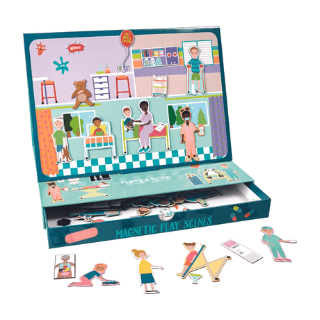 Open magnetische puzzeldoos met ziekenhuiskamers, figuurtjes en een uitgeschoven opberglade.