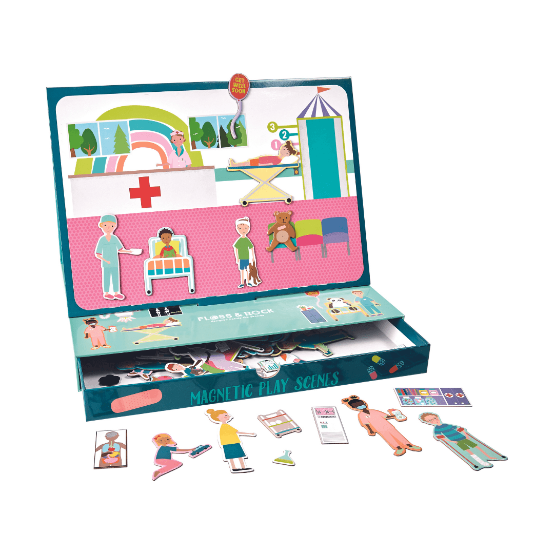 Open magnetische puzzeldoos met ziekenhuisreceptie, wachtkamer en losse magnetische figuurtjes.