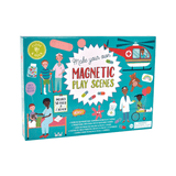 Turquoise verpakking van de magnetische puzzeldoos Ziekenhuis met zorgverleners, patiënten en een helikopter.