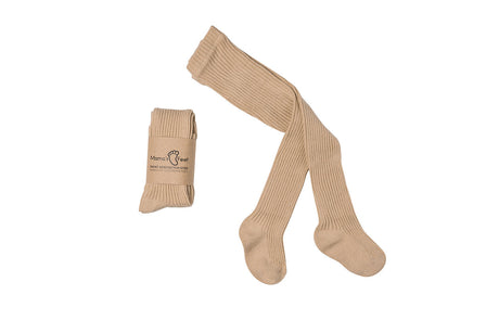 Beige geribde Maillot Classic van Mama's Feet, uitgevouwen en opgevouwen met papieren wikkel.
