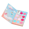 Open Souza Elf make-upkit met roze, paarse en blauwe make-up, hartvormige vakjes en twee borsteltjes.