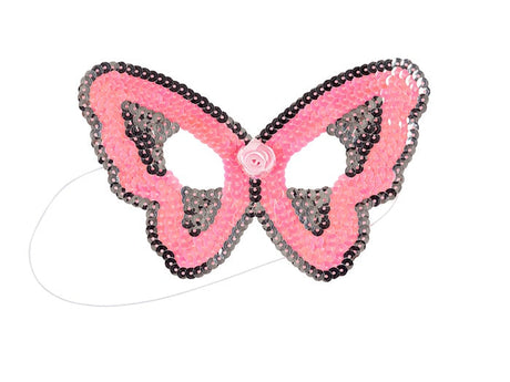 Roze kindermasker in vlindervorm met roze en donkere pailletten, een roosje in het midden en een wit elastiek.
