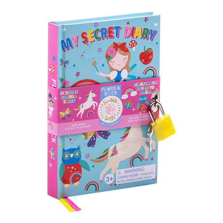 Mijn Geheim Dagboek Rainbow Fairy met lichtblauwe kaft, fee, eenhoorn en geel hangslot met sleutel.