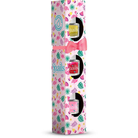 Mini Pack Flamingo met drie flesjes nagellak in geelgroen, rood en roze, in flamingoverpakking met roze strik.
