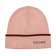 Roze Sunshine-muts met omgeslagen boord, pruimkleurige rand en geborduurde tekst Sunshine.