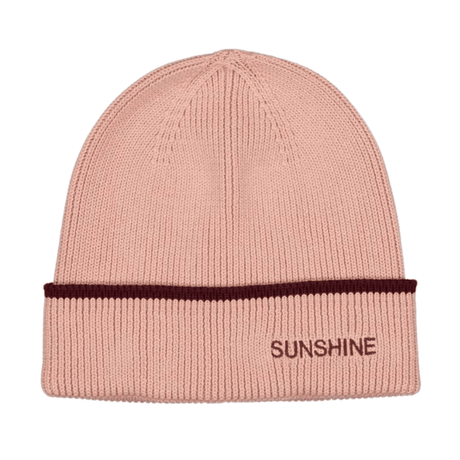 Roze Sunshine-muts met omgeslagen boord, pruimkleurige rand en geborduurde tekst Sunshine.