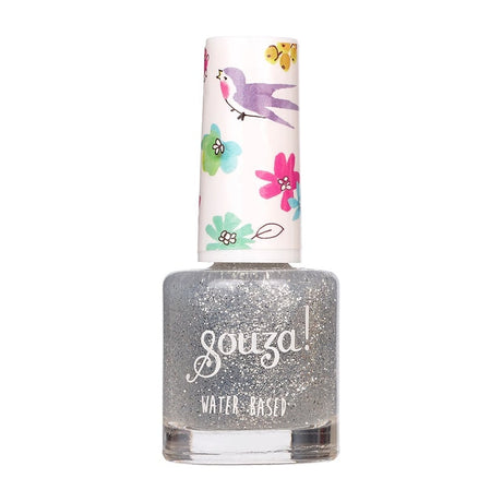 Flesje transparante nagellak met zilveren glitters en een witte dop met kleurrijke bloemen en een vogel.