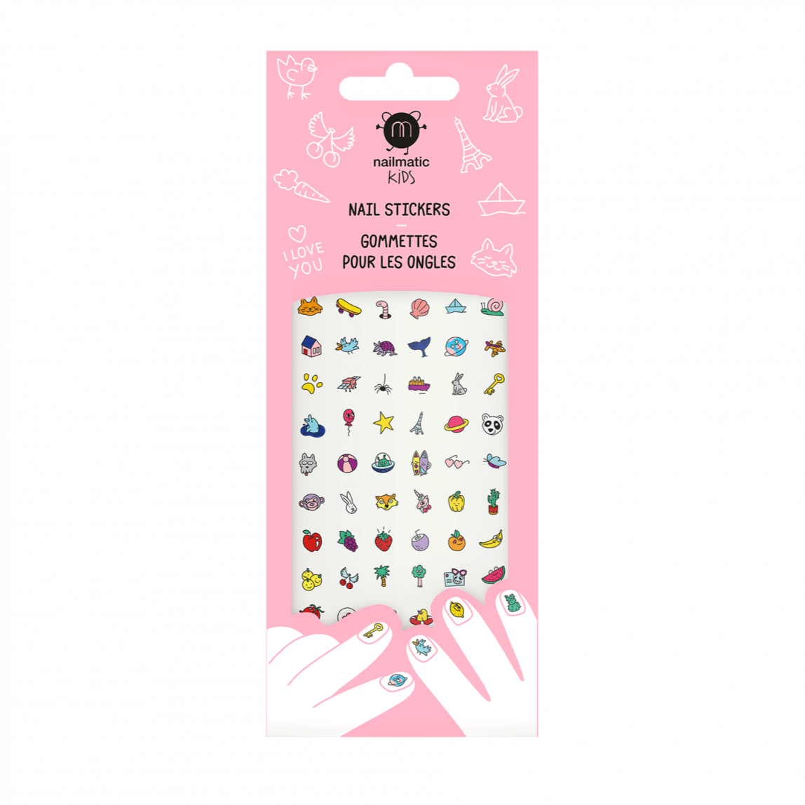 Happy Nails nagelstickers in roze verpakking met kleurrijke figuurtjes en getekende handen.