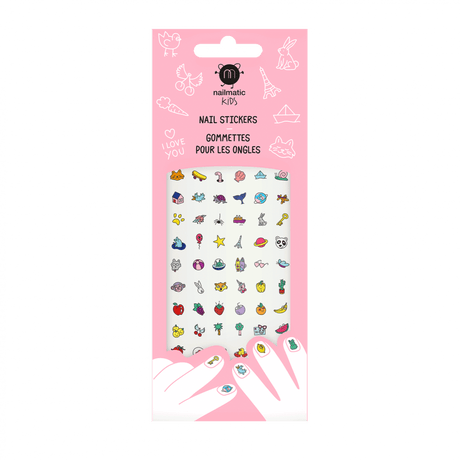 Happy Nails nagelstickers in roze verpakking met kleurrijke figuurtjes en getekende handen.