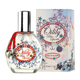 Oilily Blue Sparkle eau de toilette 25 ml met zilverkleurige dop en rood koord naast de versierde verpakking