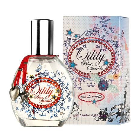Oilily Blue Sparkle eau de toilette 25 ml met zilverkleurige dop en rood koord naast de versierde verpakking