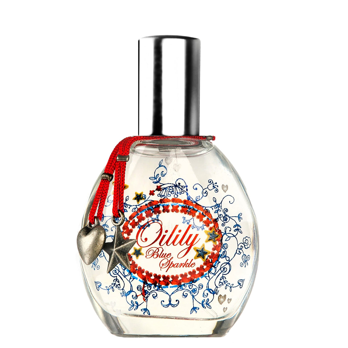 Oilily Blue Sparkle eau de toilette in een versierd flesje met zilverkleurige dop, rood koord en hart- en sterbedels