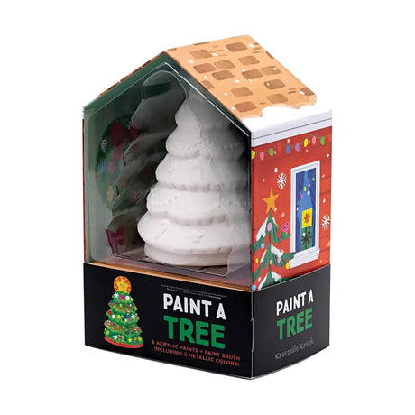 Paint A Tree met witte keramieken kerstboom in een decoratieve doos met kerstversiering.