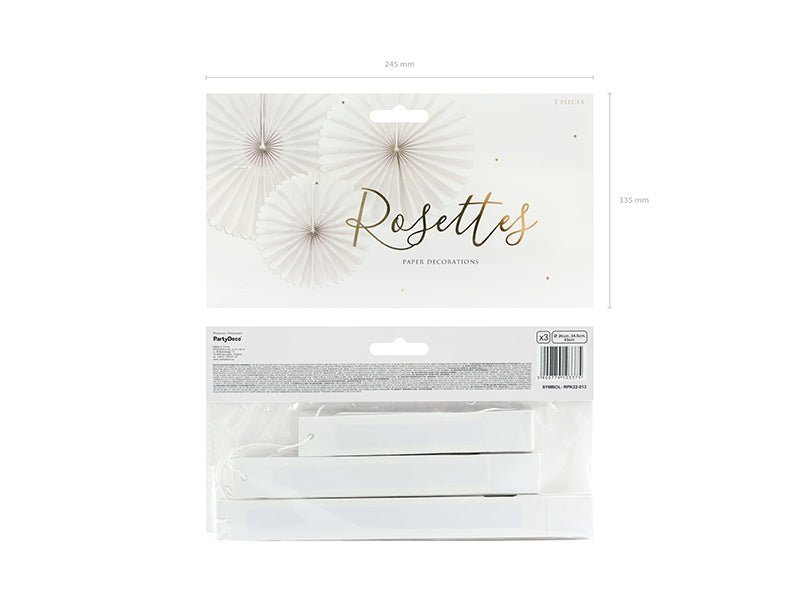 Verpakking met drie beige papieren waaiers, met vooraan rozetten en achteraan de opgevouwen waaiers.