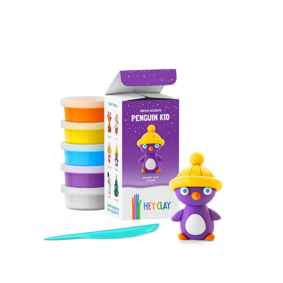 Hey Clay boetseerset met paarse pinguïn met gele muts, gekleurde kleipotjes, turquoise boetseerspatel en verpakking.