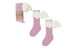 Roze kniekousen van Mama's Feet met witte vleugeltjes, los en met een papieren wikkel getoond.