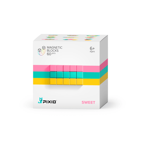 Verpakking van Pixio Sweet met 60 magnetische blokjes in roze, turquoise en geel.