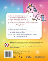 Achterkant van Prikblok Unicorn met een roze eenhoorn en instructies voor kleuren, uitprikken en rechtzetten.