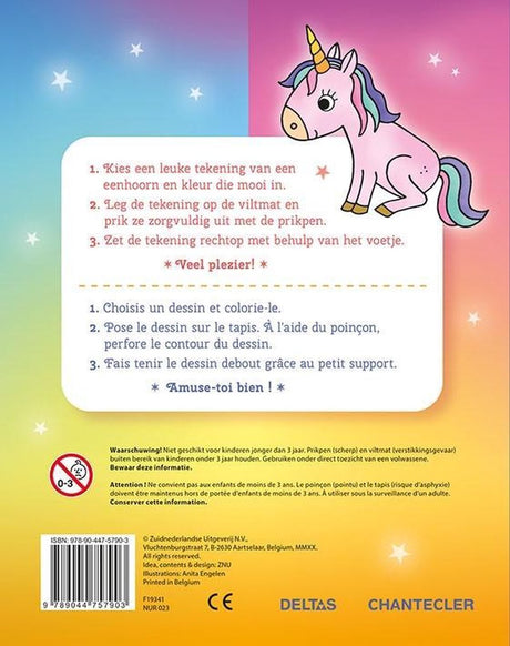 Achterkant van Prikblok Unicorn met een roze eenhoorn en instructies voor kleuren, uitprikken en rechtzetten.