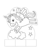 Priktekening uit Prikblok Unicorn met een vliegende eenhoorn, wolken, sterren en een vouwvoetje.
