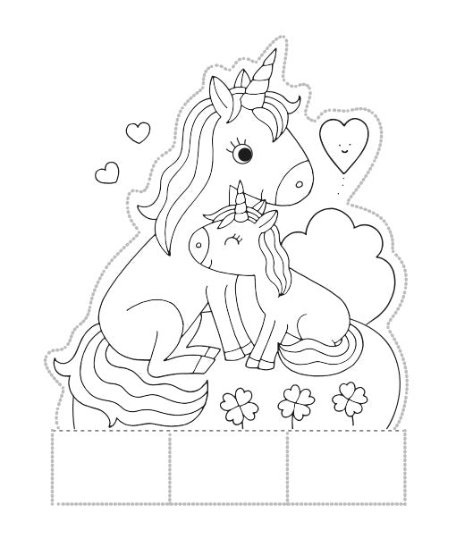 Priktekening uit Prikblok Unicorn met een grote en kleine eenhoorn, hartjes, bloemen en een vouwvoetje.