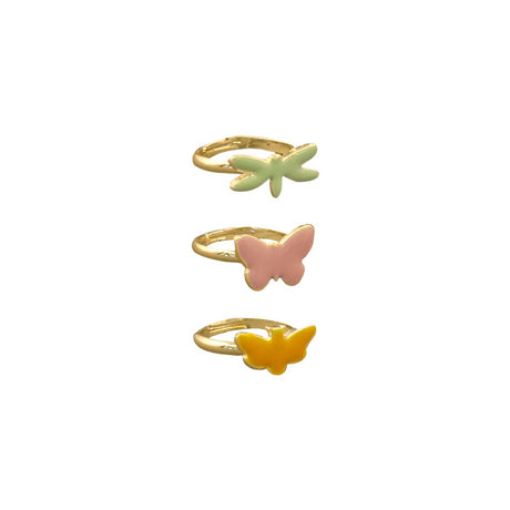 Set van drie goudkleurige ringen met een lichtgroene libel, een roze vlinder en een gele vlinder.