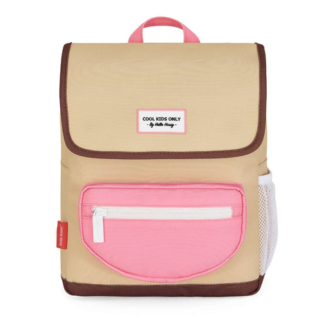 Hello Hossy Macaroon rugzak in beige met roze voorvak, bruine randen en wit zijvak van gaas, van voren gezien
