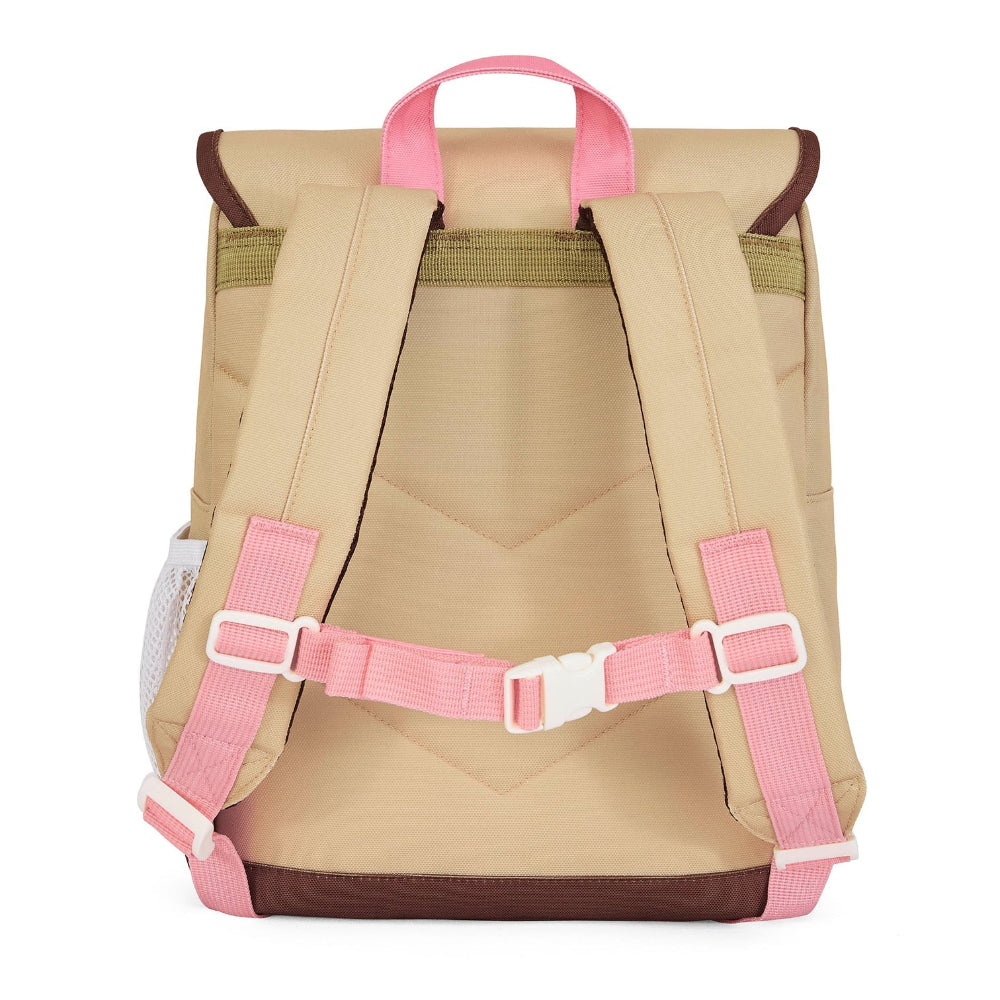 Achterkant van de Hello Hossy Macaroon rugzak met beige schouderriemen en roze borstriem met witte sluiting