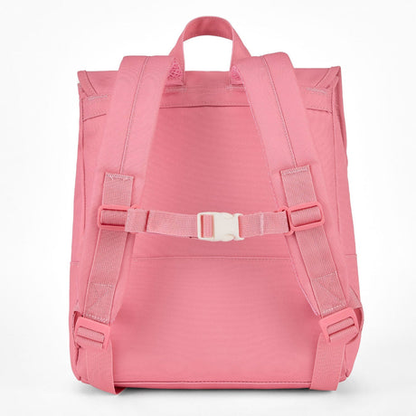 Achterkant van de roze Hello Hossy Mini Taffy rugzak met verstelbare schouderbanden en borstsluiting.