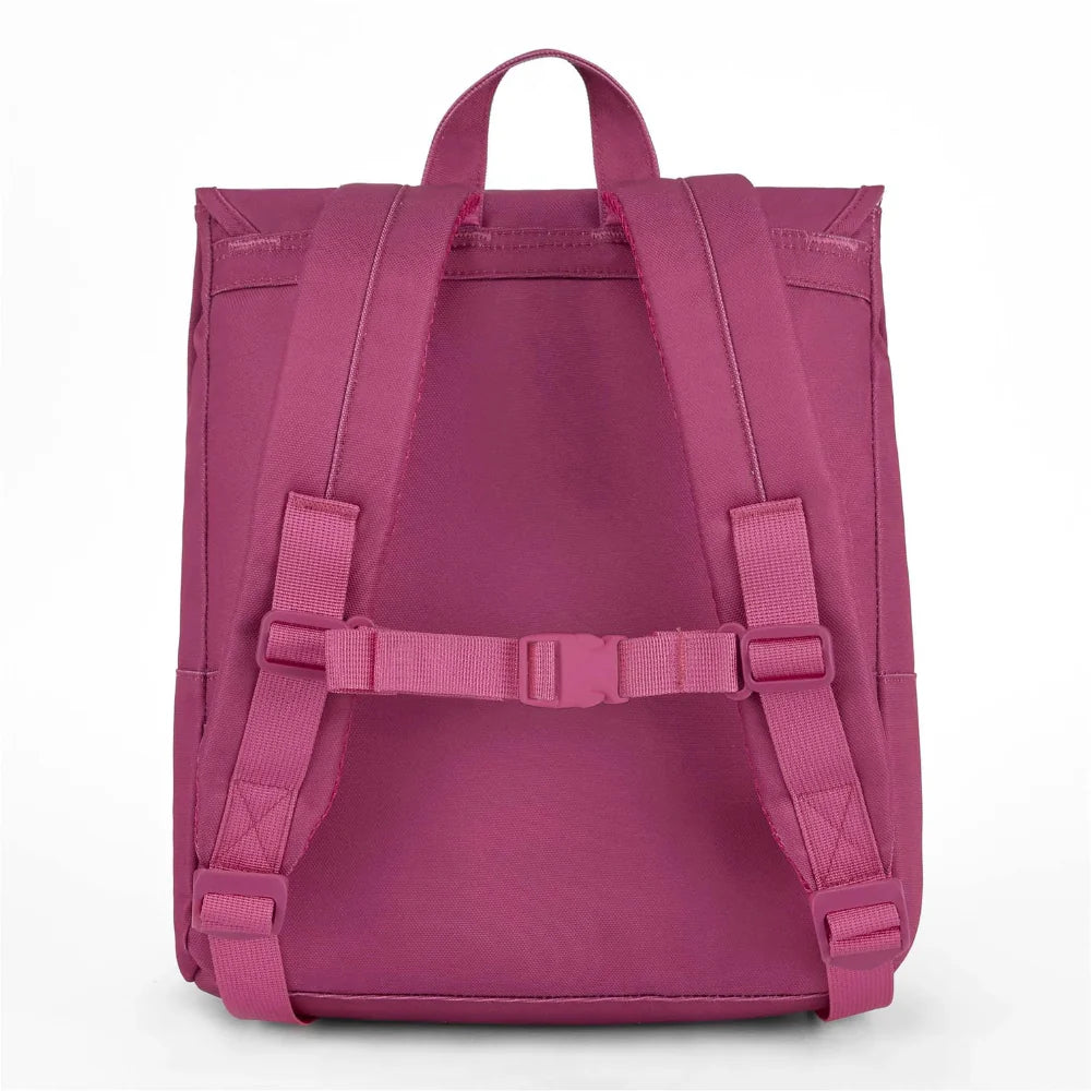 Achterkant van de roze Hello Hossy Mini Zinnia rugzak met verstelbare schouderbanden en borstsluiting.