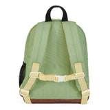 Achterkant van rugzak Mini Pistache met lichtgroene schouderriemen en gele verstelbare borstriem.