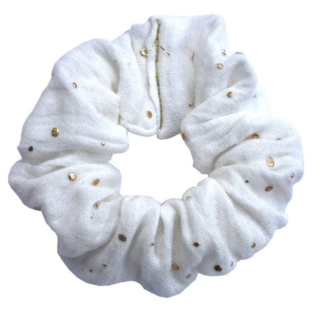 Witte scrunchie van hydrofiel katoen met gouden spatjes.