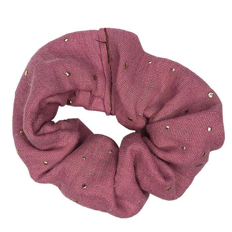 Oudroze scrunchie van hydrofiel katoen met gouden spatjes.
