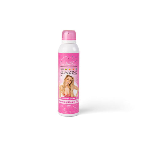 Camille Shower Foam Gel Pink & Glitter in een witte flacon met roze dop en roze etiket met Camille.